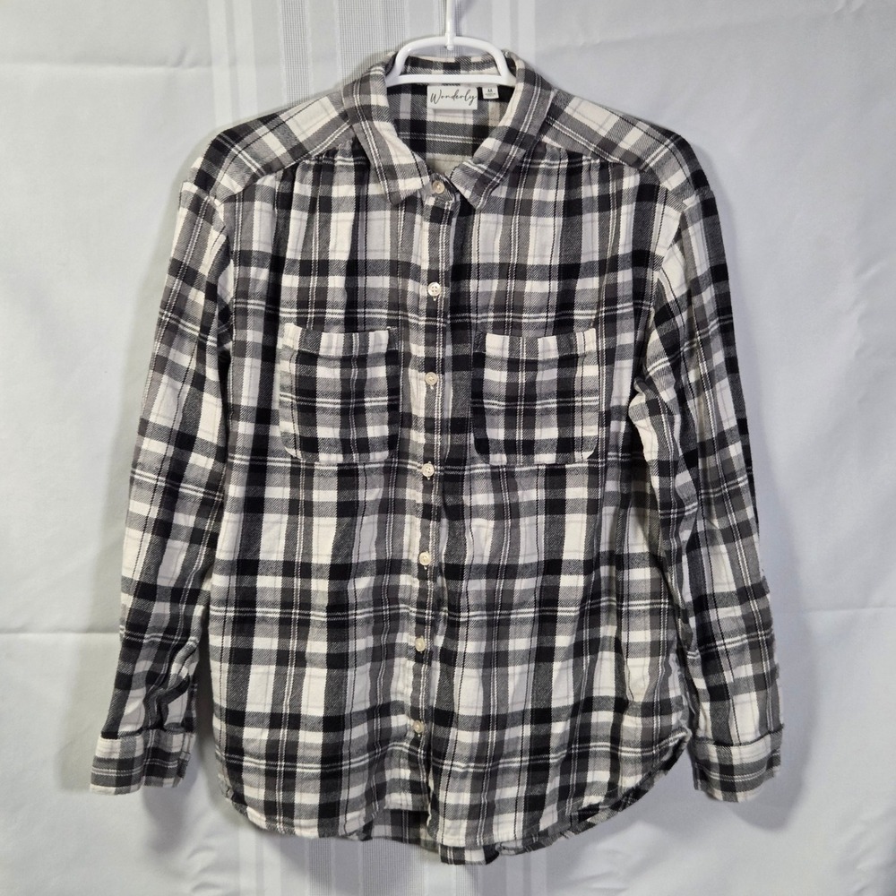 Wonderly Plaid Shirt Womens M Black White Flannel Button Down Long Sleeve Cotton